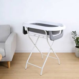 Baby bath station with foldable baby basin+ temperature sensor and bath support cushion