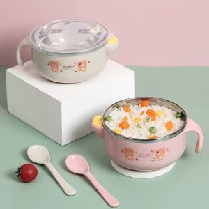Stainless steel baby feeding bowls with suction base and warmer function